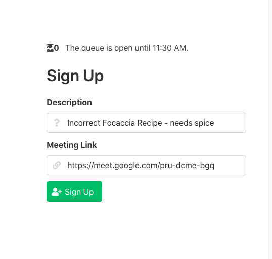 Office hours queue entry form with a descriptive message and meeting link fields