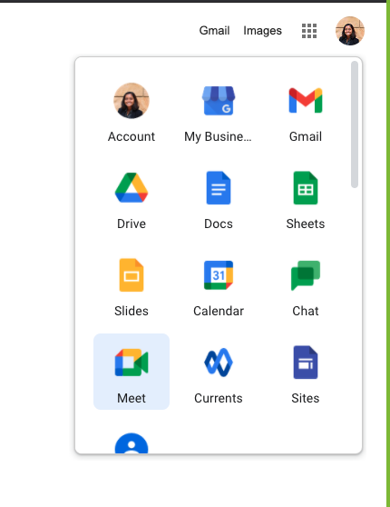 Google account apps grid showing the Meet icon