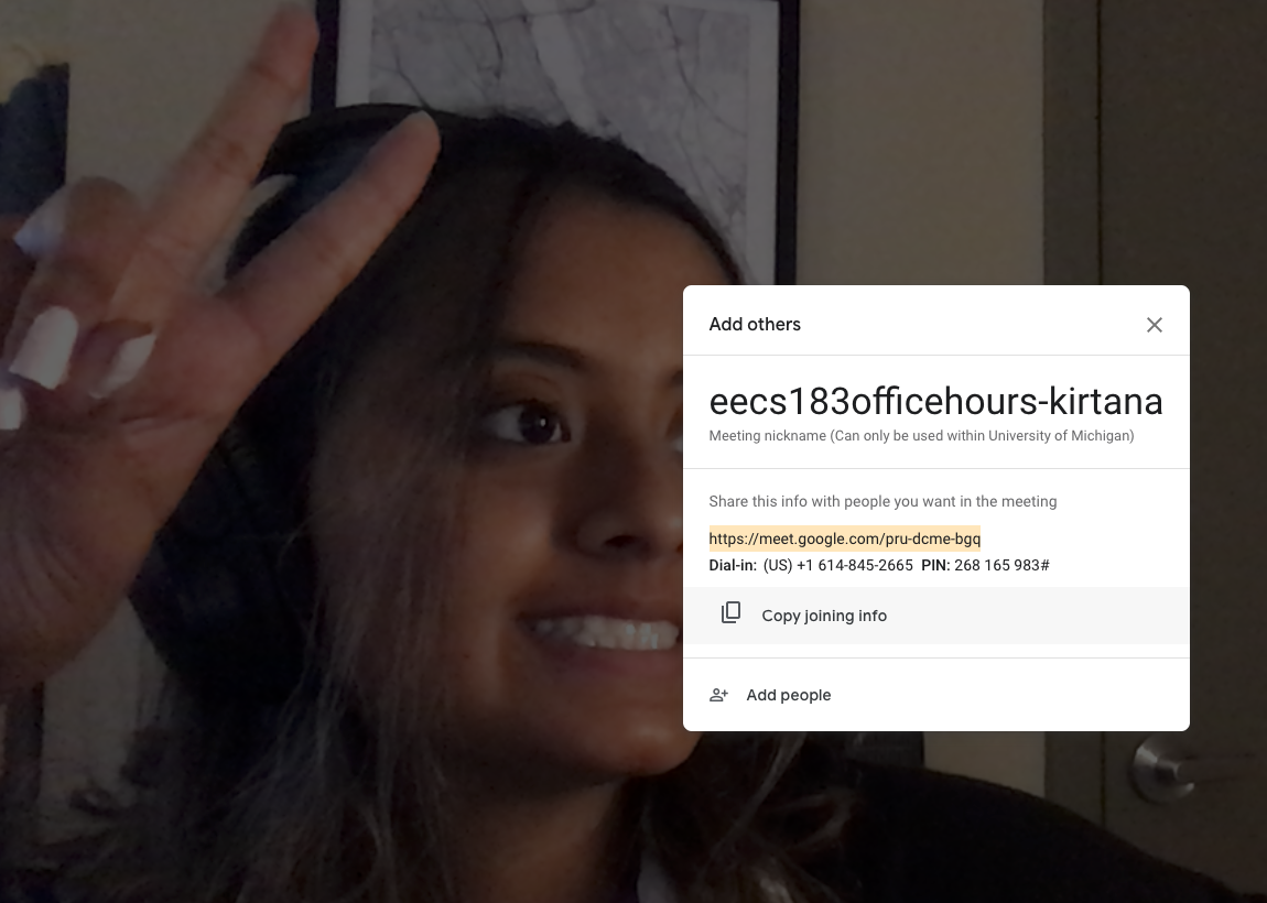 Office hours queue form with a Google Meet link pasted into the Meeting Link text box