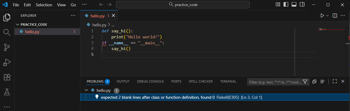 VS Code showing Flake8 error indicators: red text in Explorer, red squiggle in editor, Problems tab listing the issue