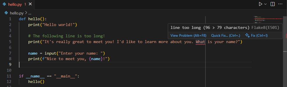 VS Code editor showing a vertical line at the 80-character limit and a Flake8 warning about a line that is too long