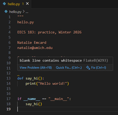 VS Code editor showing Flake8 highlighting a blank line that contains hidden whitespace characters