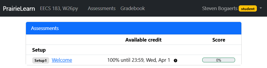 PrairieLearn assessments page listing available course assessments including the Welcome assessment