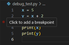Dim red circle to the left of line 3, with a pop-up message saying "Click to add a breakpoint."