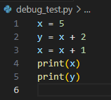 The code above, pasted into VS Code, with line numbers and debug_test.py shown.