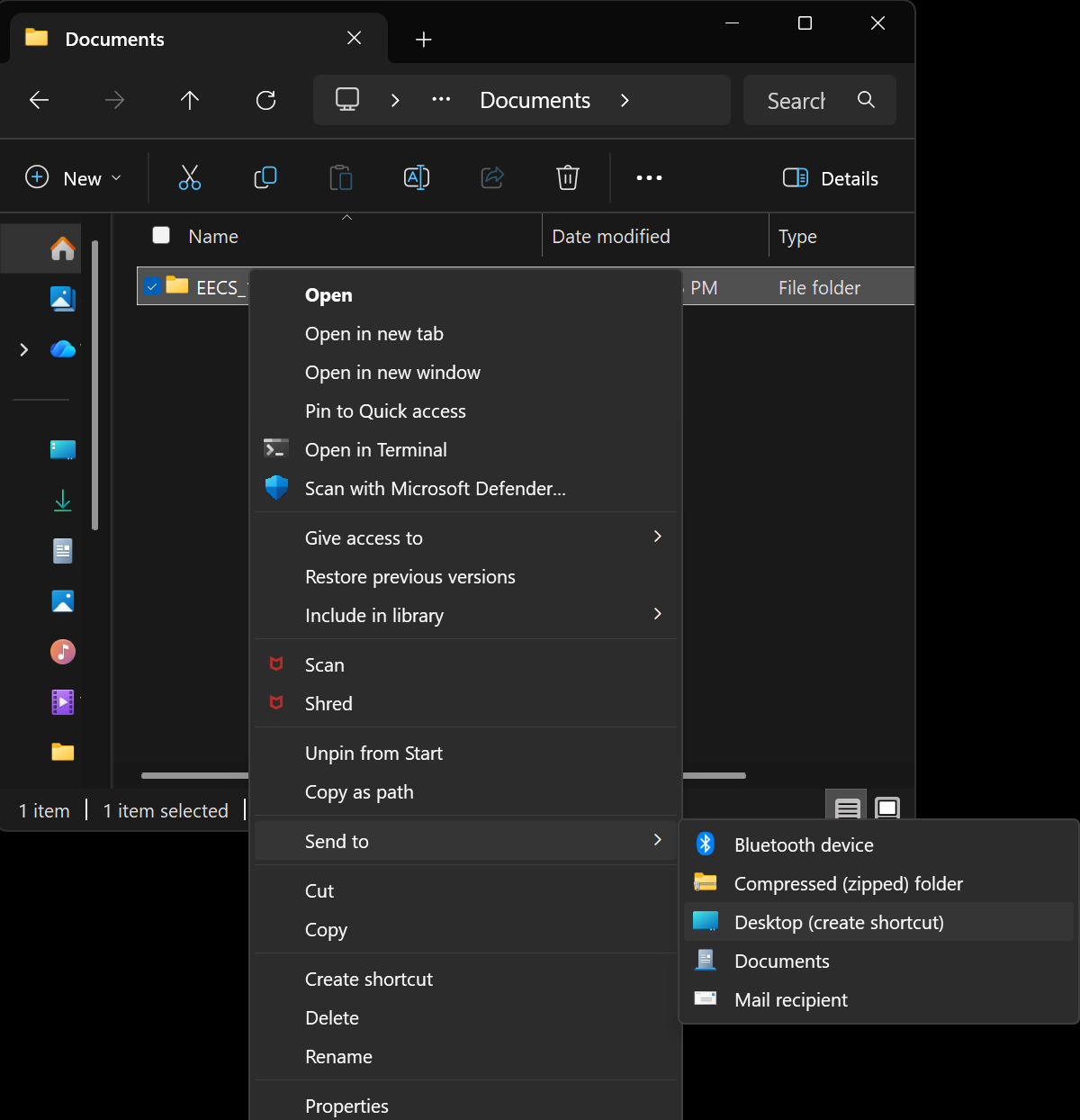 Send to Desktop (create shortcut) option