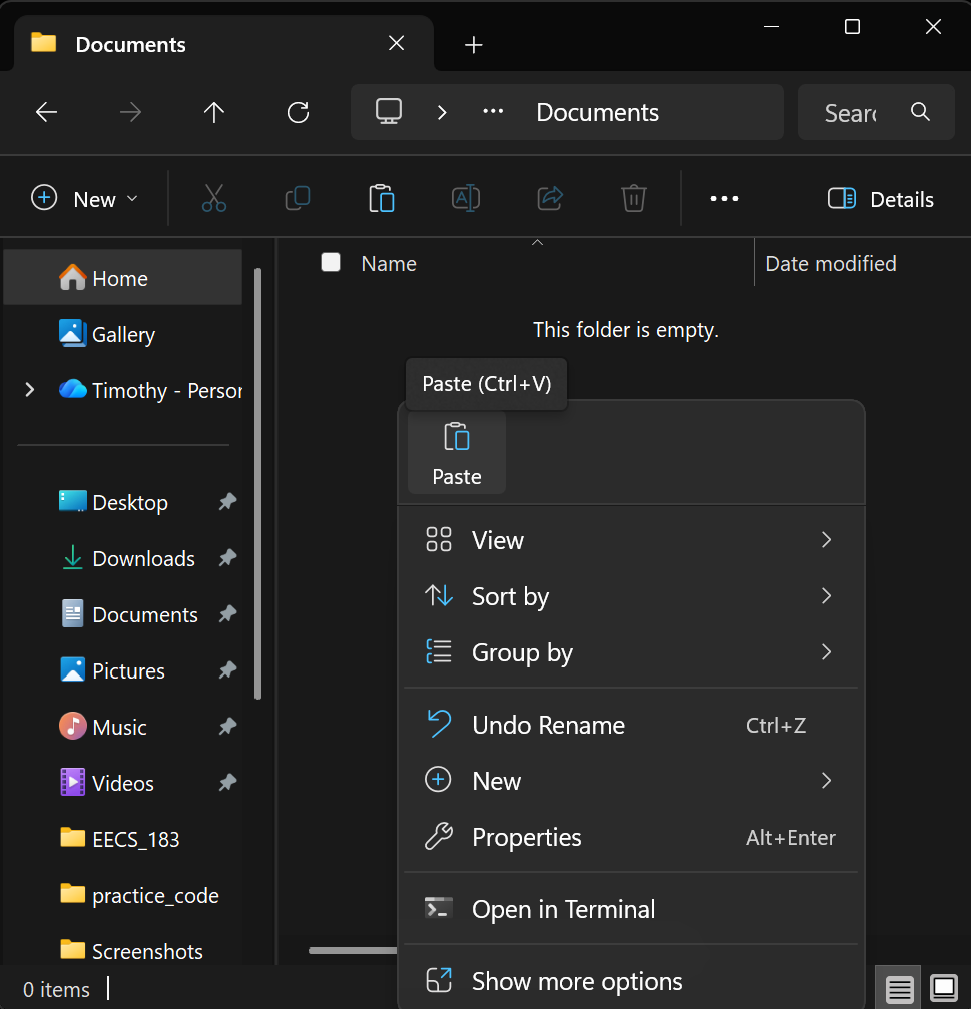 Paste the EECS_183.zip into Documents