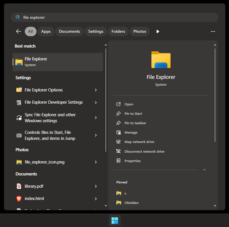 File Explorer in the Windows menu