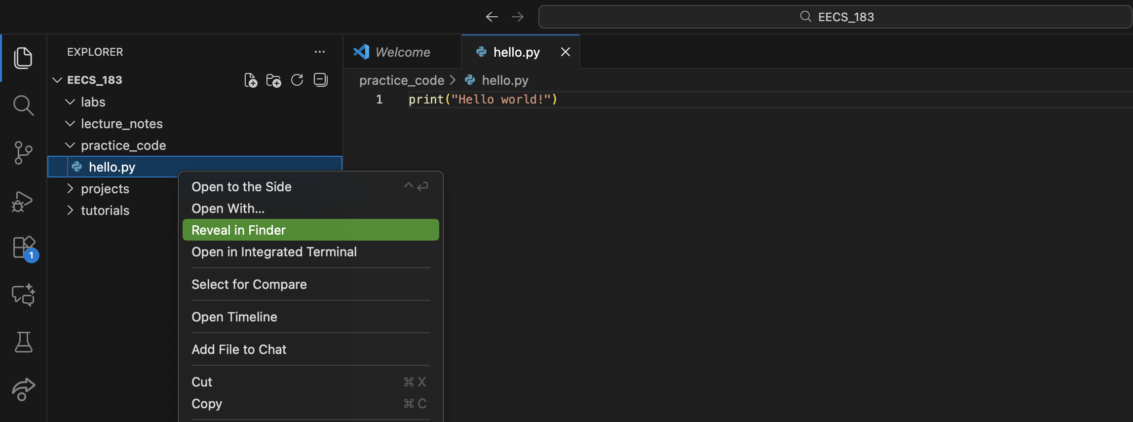 The context menu from which the finder can be opened