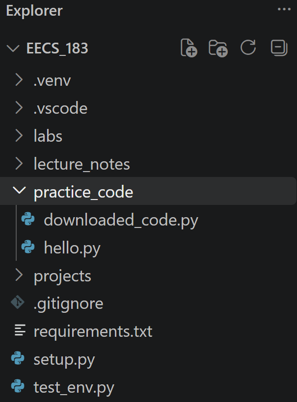 The downloaded code file in the EXPLORER area of VS Code