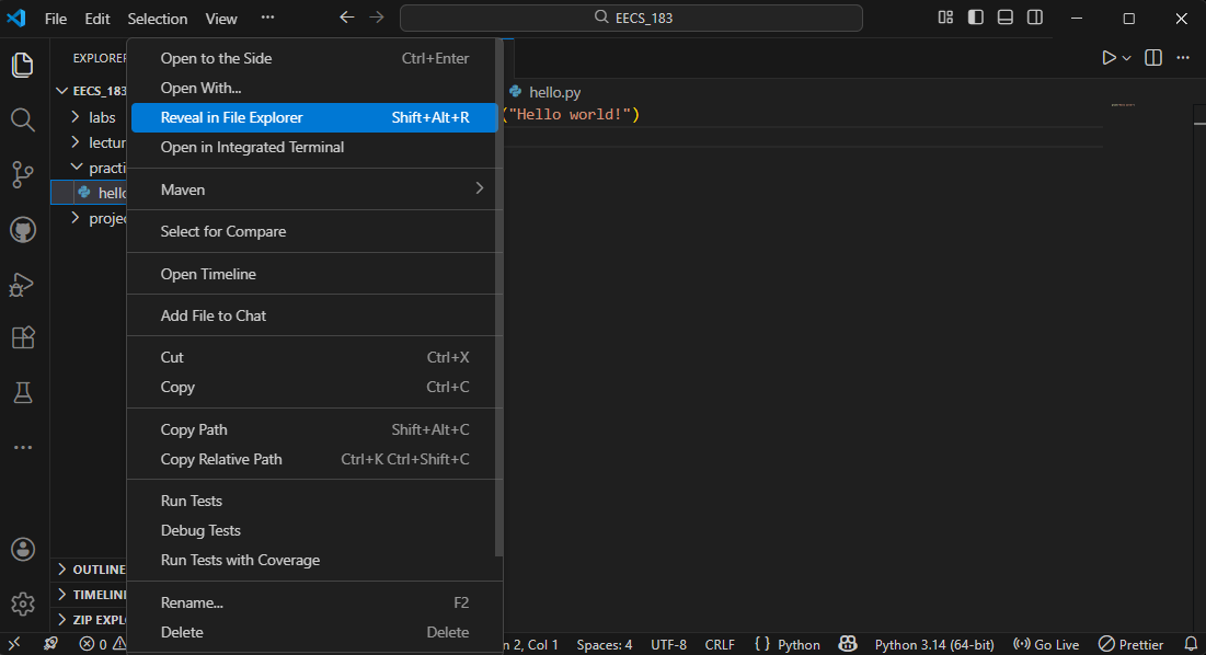 The context menu from which the file explorer can be opened