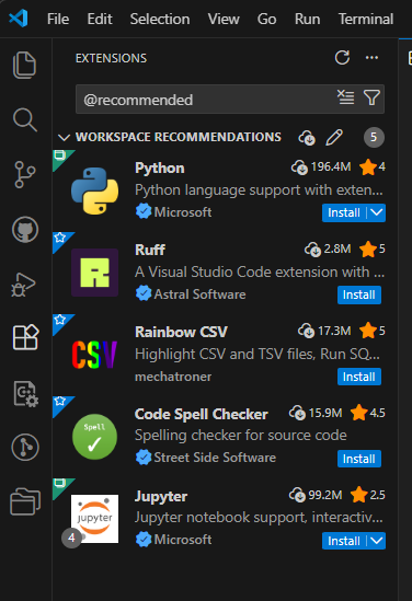 Recommended extensions list