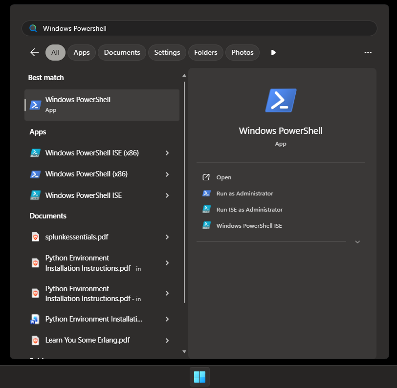 Opening PowerShell from the Start menu