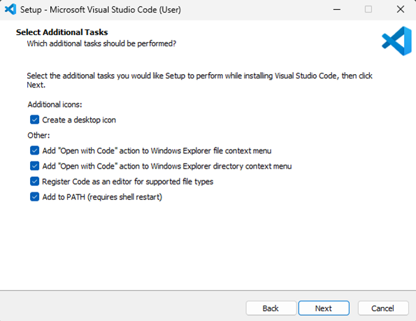 VS Code Installer with all optional boxes checked