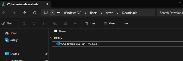 Windows Downloads folder with VS Code installer file downloaded